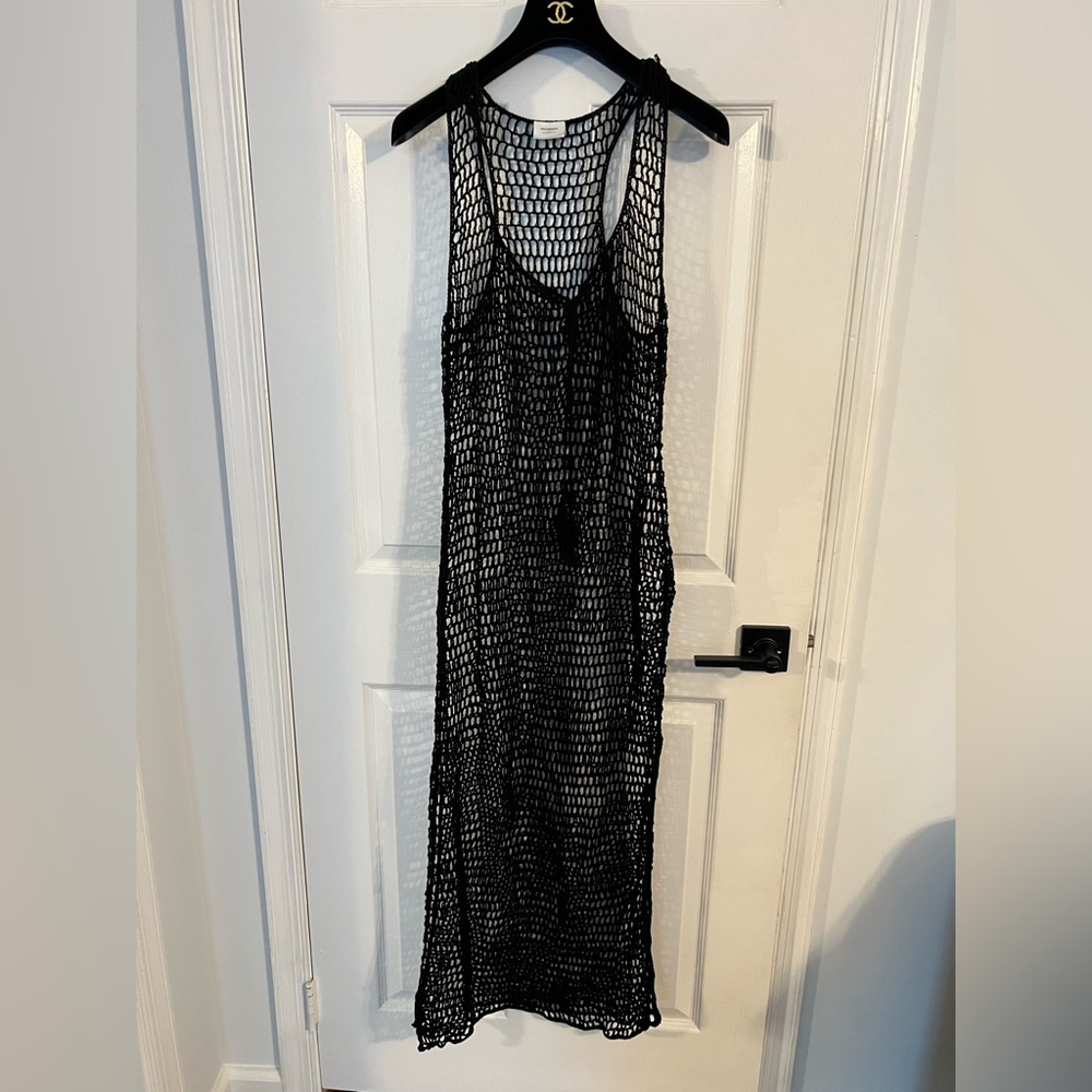 ANNA KOSTUROVA HANDMADE Black fishnet crochet dress cover up sexy side slit M